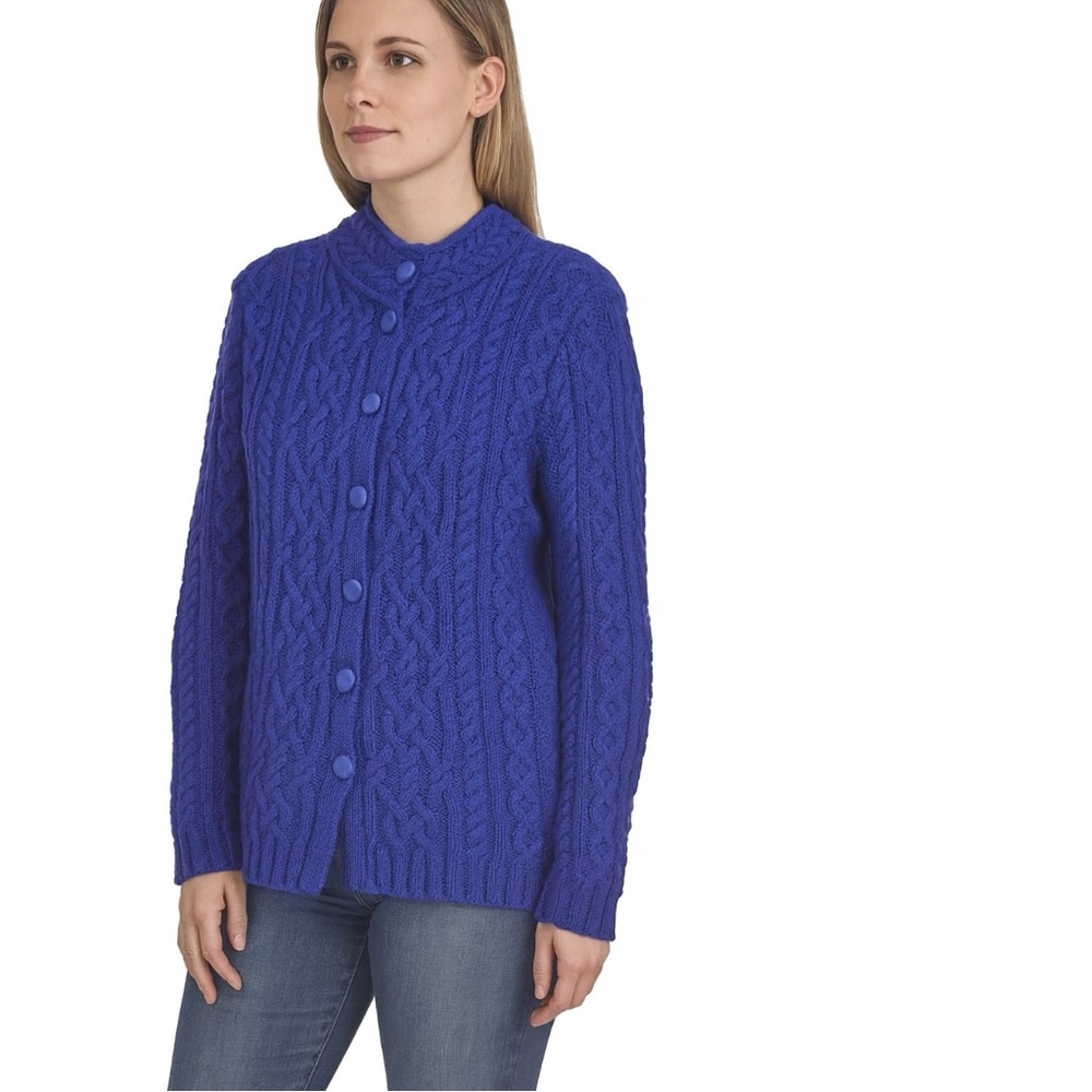 Aran Crafts Blue Merino Wool Button Front Cardigan Sweater Size LARGE
